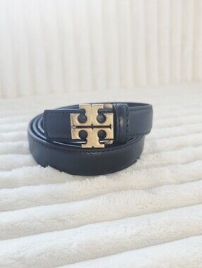 Tory Burch Black Leather Belt Gold Double T Logo Buckle